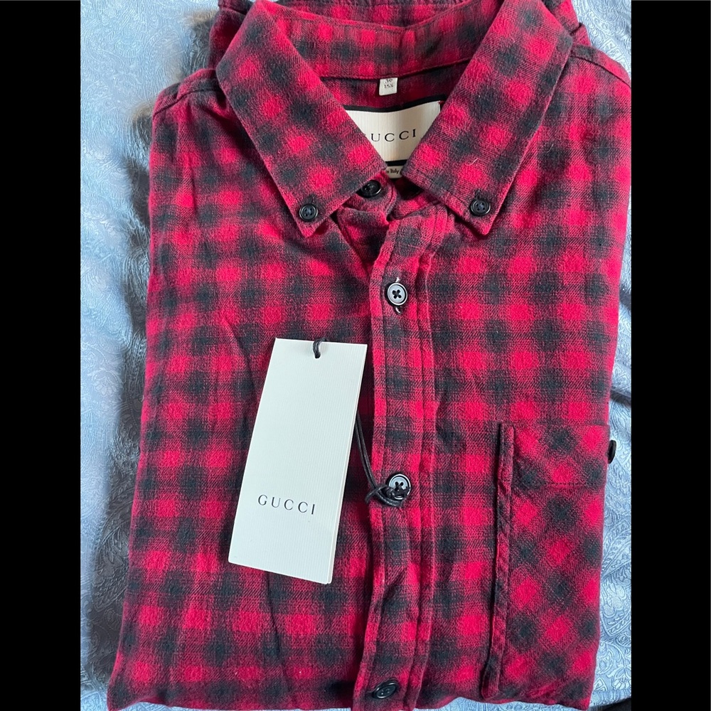 Gucci Mens Checked Wool Cotton Red Shirt Size 15.5
